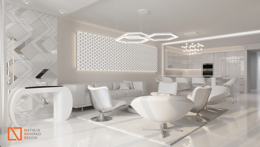 Natalia Neverko Design Project: white tones living room with a dining area