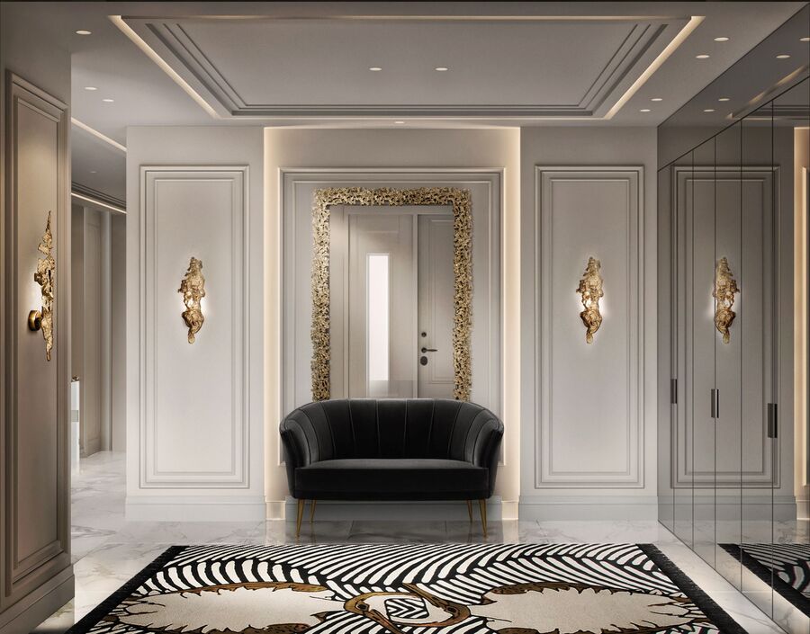 modern hallway design with black bench