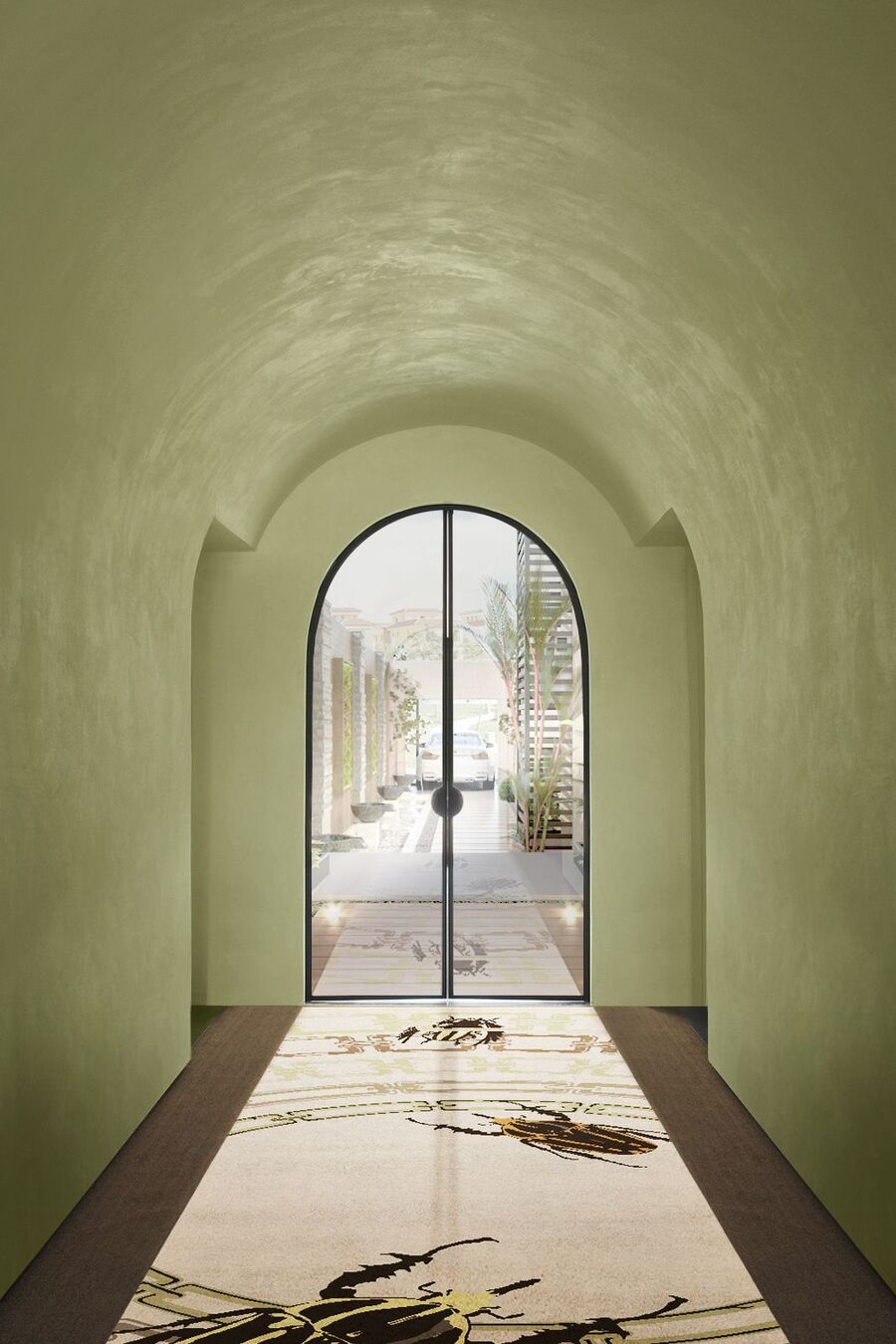 modern green hallway with long runner