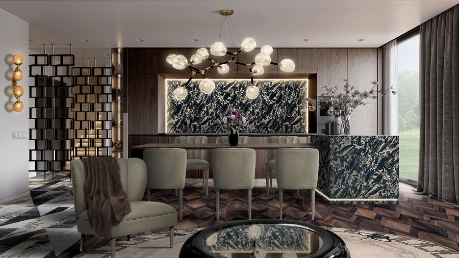 modern dining area with suspension light and centre table