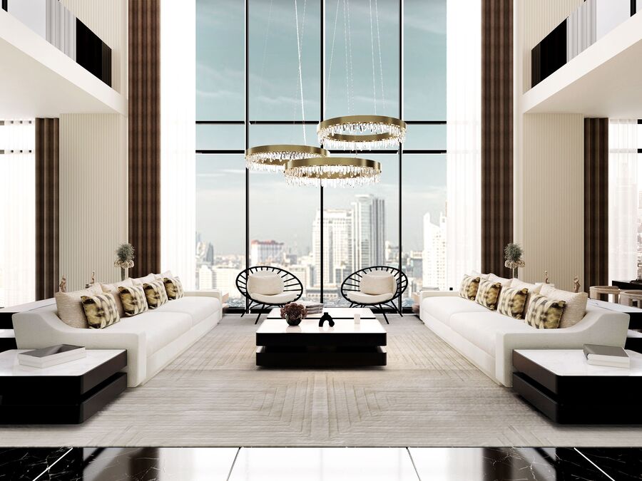 modern living room with modern suspension light and centre table