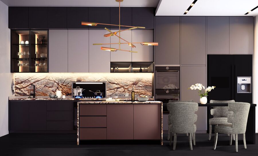  modern pink dining room with new suspension light 