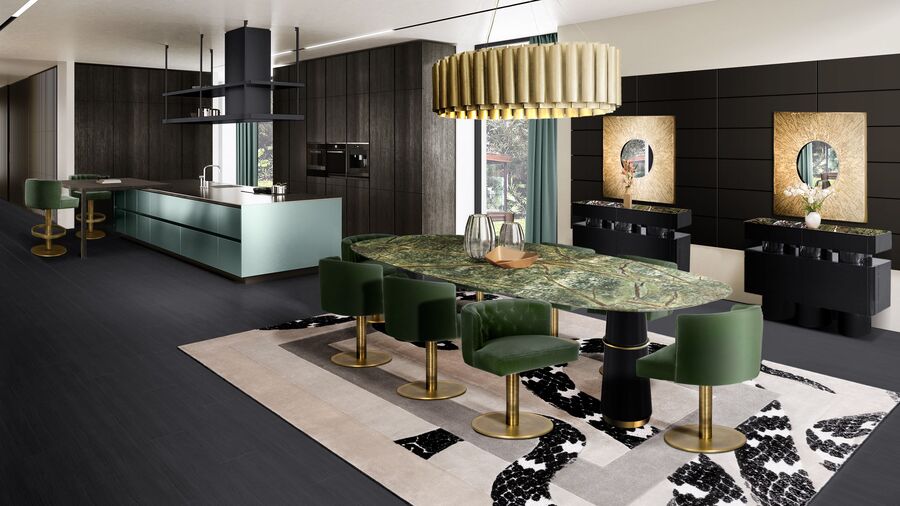 contemporary dining room with modern swivel dining chairs