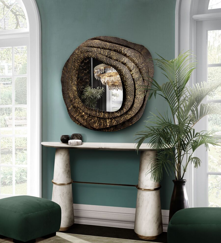 modern console tables green hallway
