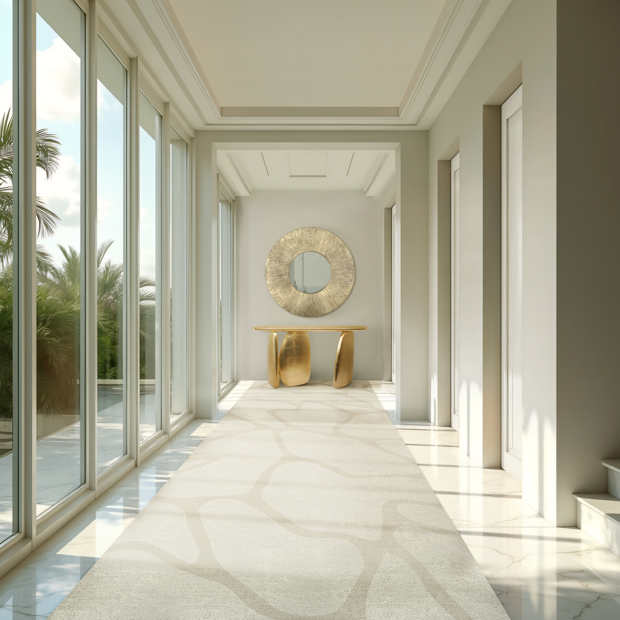 ARDARA Console with golden finishes and HULI Round Mirror in a bold modern entryway, blending contemporary design with sophisticated luxury.
