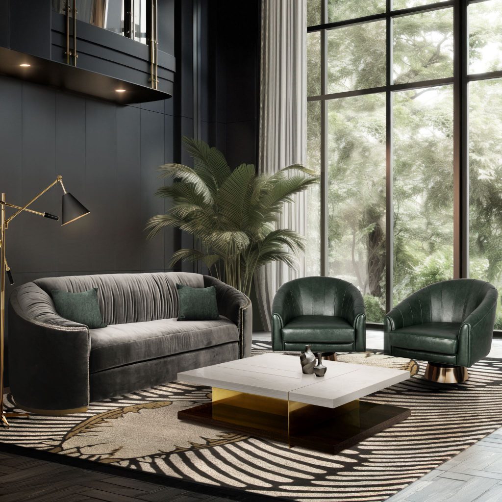 Nature-inspired living room featuring WALES Sofa, LALLAN Center Table, BOGARDE Armchair, SINATRA Floor Light, L'CHANDELIER, and COUPLE Rug, blending luxury and contemporary style.