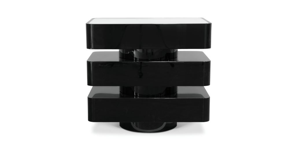 Shinto Bedside Table with black lacquered structure and ash wood veneer top, adding elegance and sophistication to a bedroom.