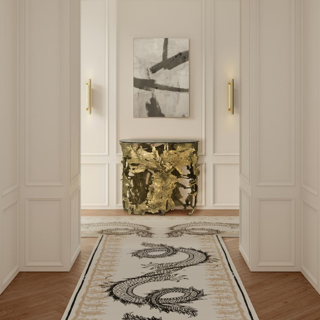 Parisian-inspired entryway with Cay Console Table, Cyrus Wall Lights, and Redleh II Runner Rug, blending bold modern and contemporary design.