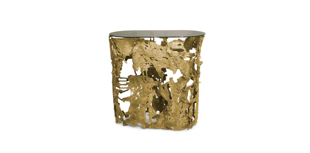 CAY Console Table with bronze glass and brass base, a bold modern design for contemporary entryways inspired by natural forms.