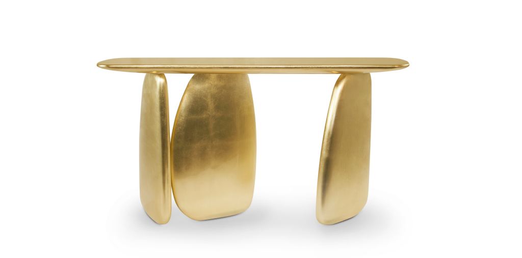 ARDARA Console Table with gold leaf and gloss varnish, a bold modern piece inspired by Neolithic dolmens, perfect for contemporary entryways.