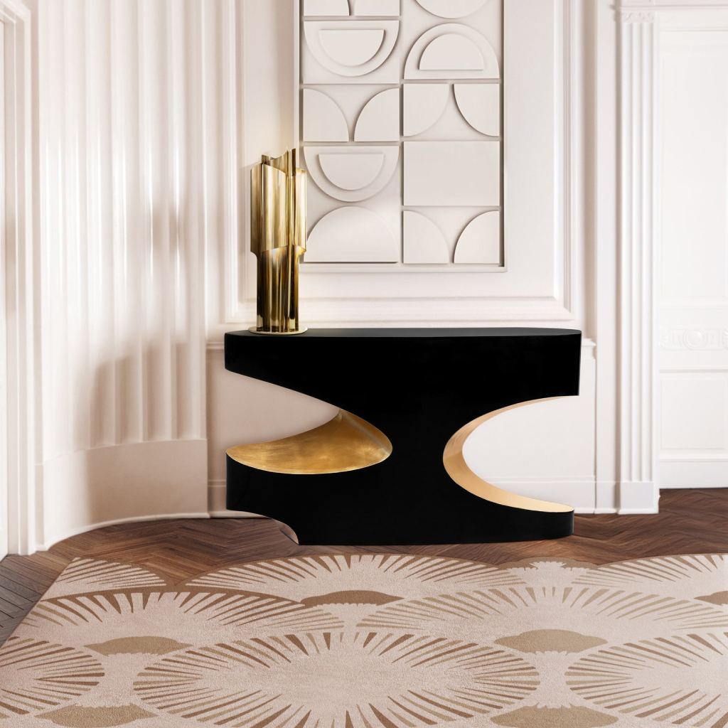 Neutral Parisian entryway featuring the Bryce Console with dark wood and brass accents, and Dêco Square Rug, blending bold modern and contemporary design.