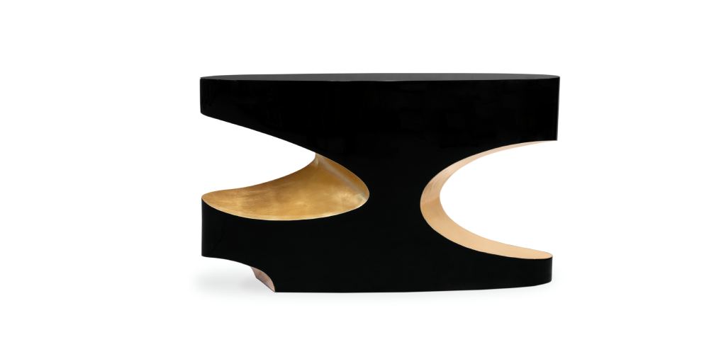 BRYCE I Console in high-gloss black lacquer with gold leaf, a bold modern design perfect for sophisticated contemporary entryways.