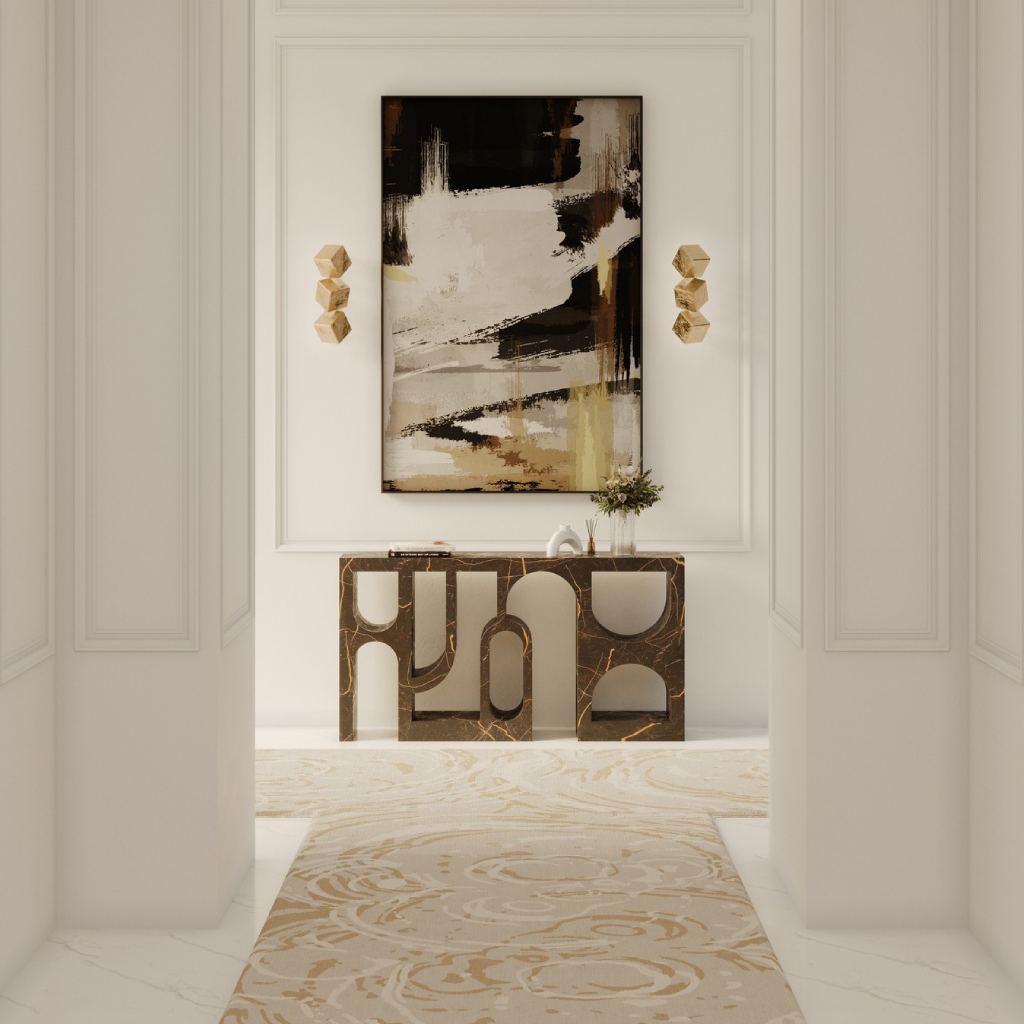 Modern entryway featuring the COLOSSEUM II Console, CUBIC BIG SCONCE wall light, and MERFILUS II Rug, blending bold design with contemporary sophistication.