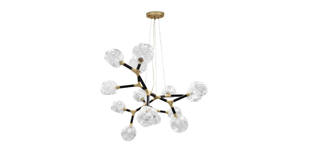 Horus Irregular Big Suspension Light illuminating a neutral dining room with modern elegance and sculptural design.