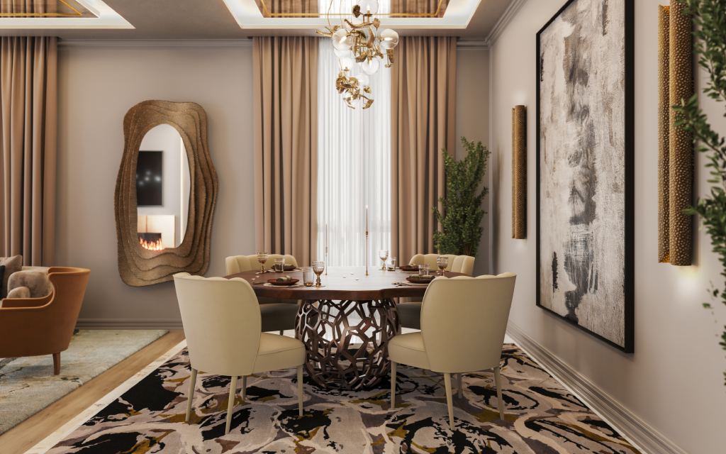 Neutral dining room with DALYAN Dining Chairs, APIS Dining Table, VELLUM XL Wall Light, and MADEIRA Rug creating a sophisticated and elegant atmosphere.