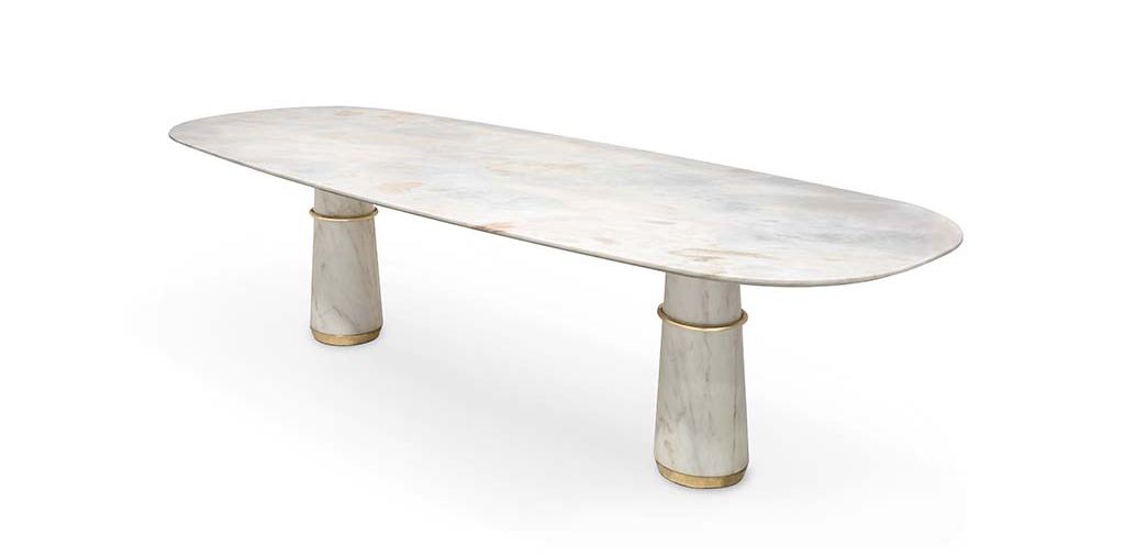 Agra II Dining Table with white Estremoz marble top and polished gold accents, a luxurious centerpiece for a sophisticated dining room.