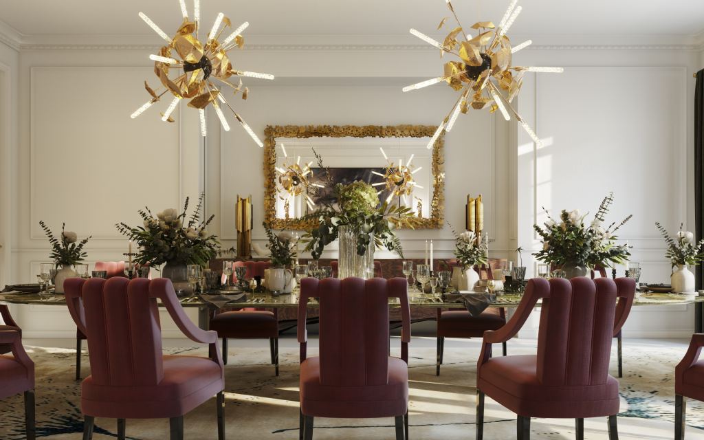 Parisian-inspired dining room featuring the AGRA III Dining Table, CAYO Dining Chairs, HUANG Sideboard, CAY Rectangle Mirror, SUPERNOVA Chandelier, CYRUS Table Light, and MACUSHI Rug in a modern classic design.