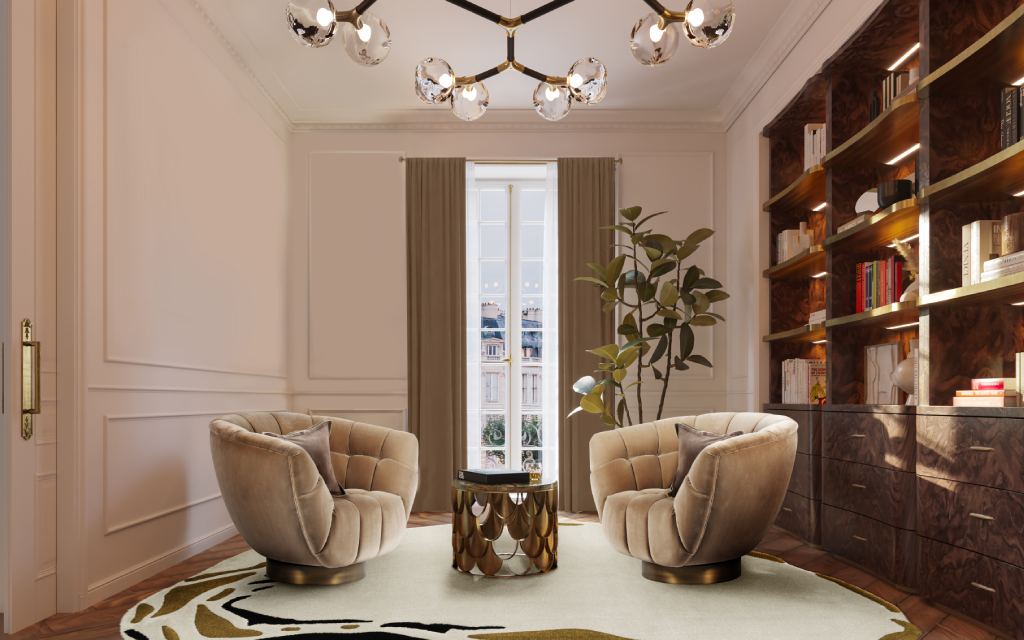 Parisian-inspired office design featuring ESSEX velvet swivel armchairs, KOI II side table, CYRUS floor light, and custom BARAKA-inspired bookcase, blending elegance and functionality.