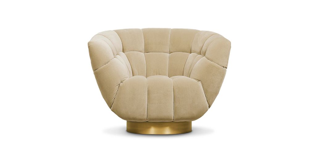 ESSEX Modern Swivel Armchair upholstered in velvet with brushed aged brass base, a stylish and comfortable addition to modern office design.