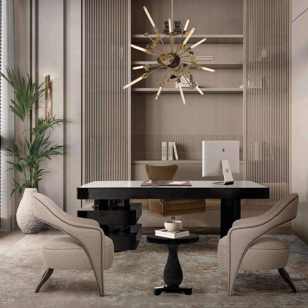 Office design in neutral tones featuring SHINTO desk, TELLUS armchair, DUKONO dining chair, HUDSON side table, CYRUS wall light, and SUPERNOVA chandelier, blending elegance, comfort, and functionality.