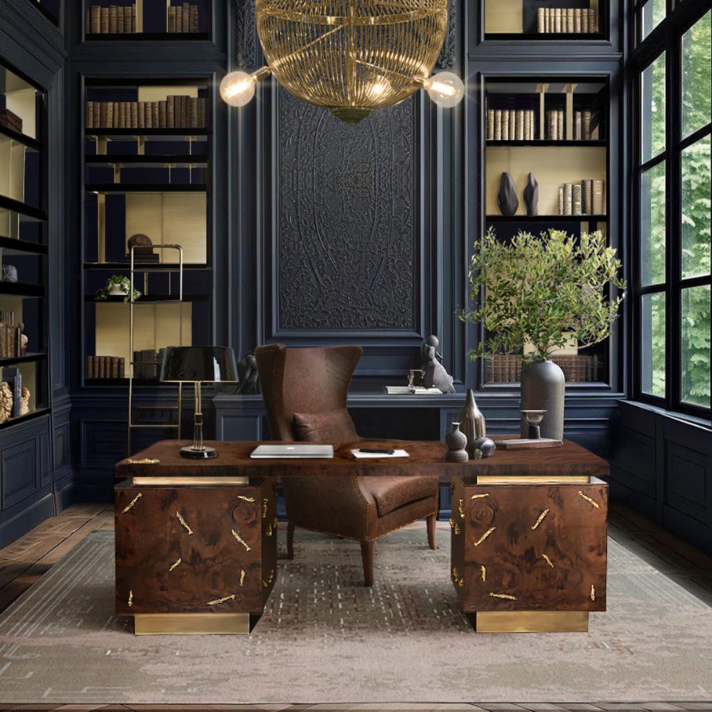 Contemporary office design featuring the DUKONO Armchair, BARAKA Desk, and RUIN Rug by Rug’Society, combining comfort, sophistication, and productivity.