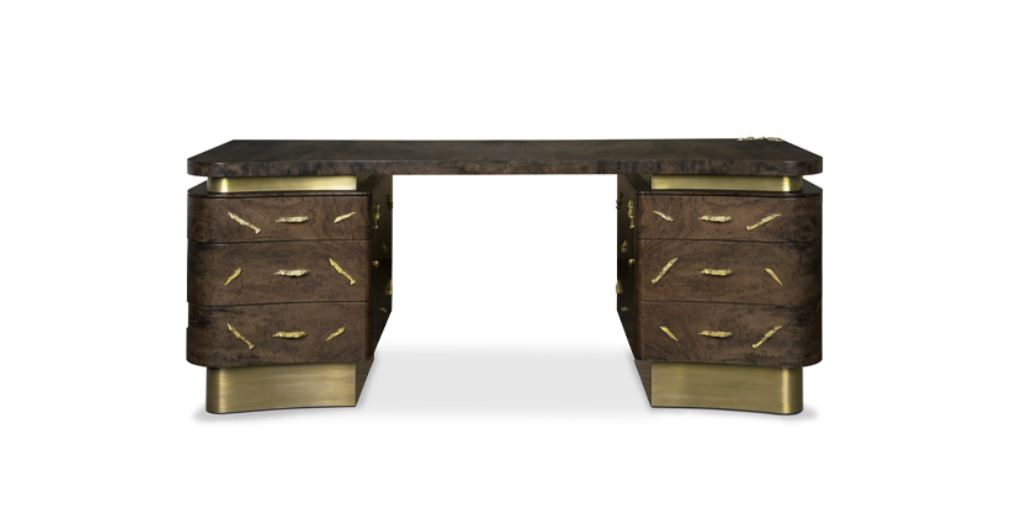 BARAKA Desk in matte walnut root veneer with brass details and bird’s eye wood drawers, a luxury office desk enhancing sophistication and functionality in office design.