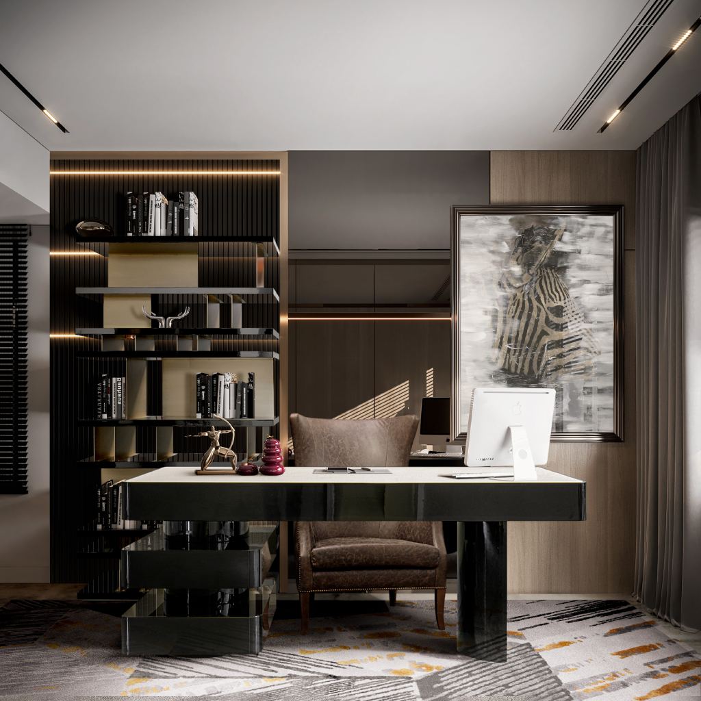 Contemporary office design featuring the SHINTO II Desk, DUKONO Armchair, LALLAN Bookcase, and Xisto Rug by Rug’Society, combining elegance, comfort, and functionality.