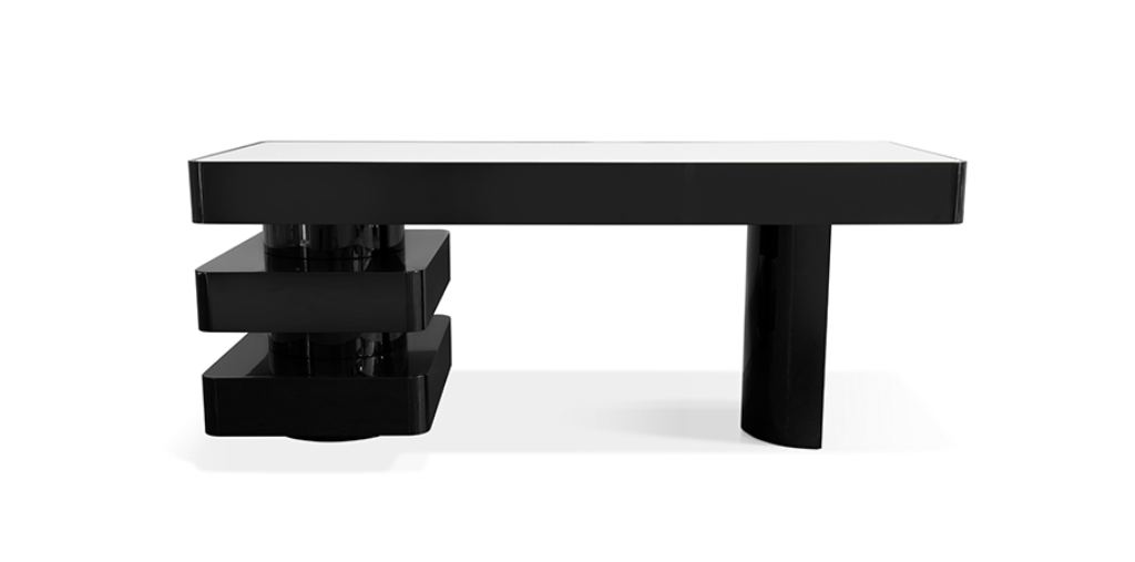 SHINTO II Desk with glossy black lacquered structure and white ash wood veneer tabletop, a modern office desk combining elegance, functionality, and productivity.