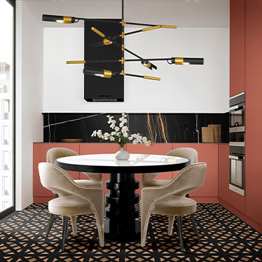 SHINTO Round Dining Table, TELLUS Dining Chair, KOBEN Suspension Light