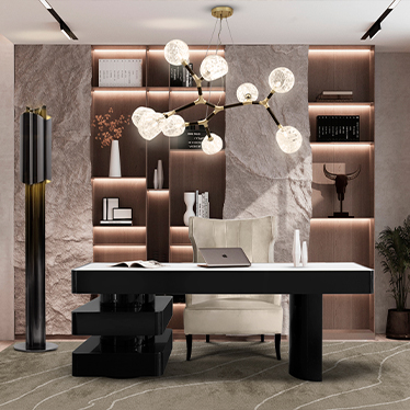 SHINTO II DESK, HORUS IRREGULAR SUSPENSION LIGHT, DUKONO ARMCHAIR