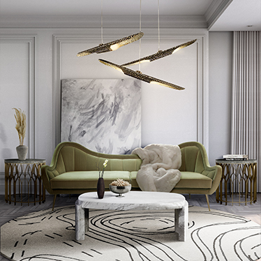 HERMES SOFA, MECCA SIDE TABLE, VELLUM SUSPENSION LIGHT