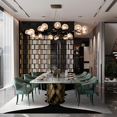 KOI II DINING TABLE, N20 ARMCHAIR, HORUS SUSPENSION LIGHT, HANOI SCREEN, VASE RUG