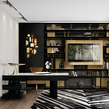 DUKONO ARMCHAIR, SHINTO II DESK, CALLA TABLE LIGHT, LALLAN BOOKCASE