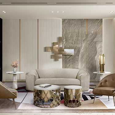 Wales II Sofa, Malay Armchair, Koi Center Table, Koi Side Table, Agra Coffee Table, Cyrus Floor Light