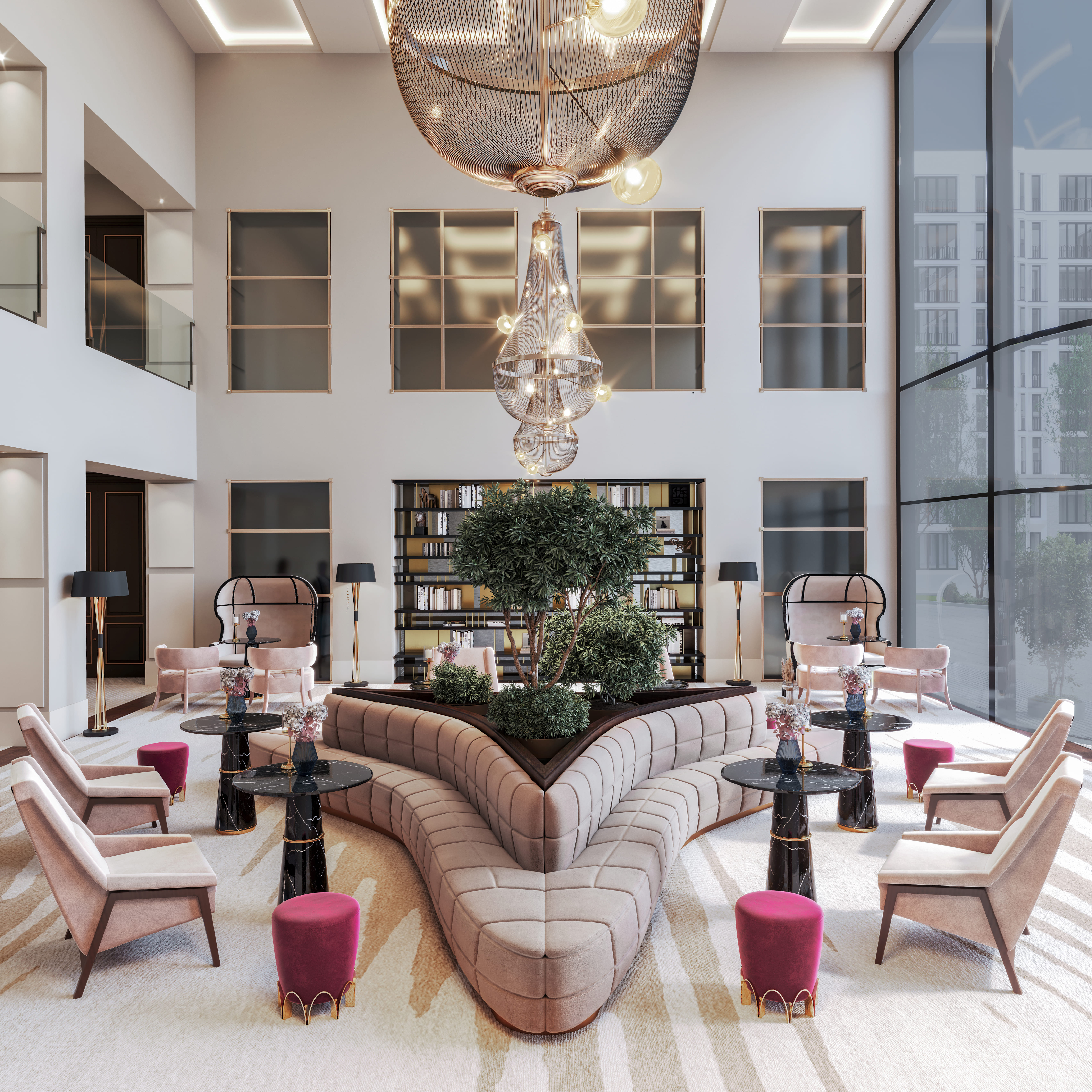 HERA Swivel Armchair, AGRA Coffee Table, NAMIB Two-Seat Sofa and NUI Stool