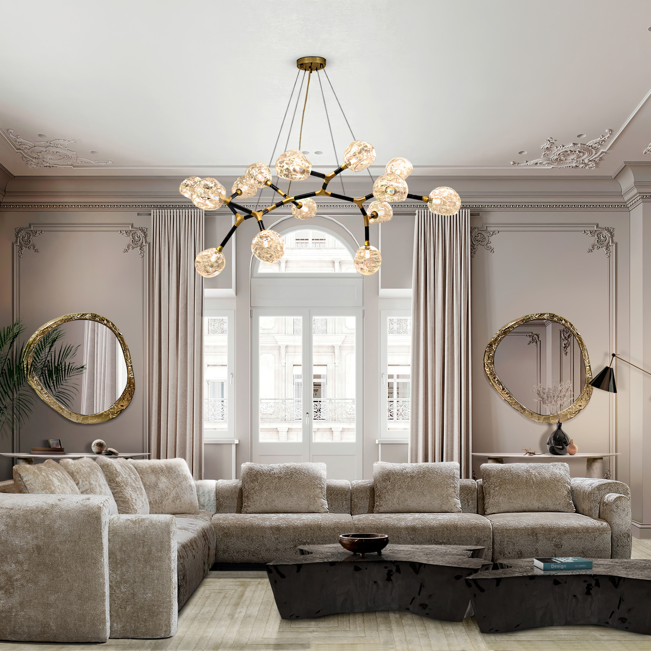 BOHOL MODULAR SOFA, SEQUOIA CENTER TABLE, HORUS IRREGULAR SUSPENSION LIGHT