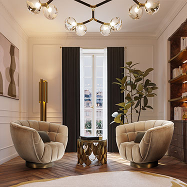 Essex Armchair, Koi II Side Table, Cyrus Floor Light, Baraka Bookcase, Horus Irregular Big Suspension Light, Nuance Rug
