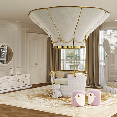 FANTASY AIR BALOON CRIB, BIRD Stool and BUNNY Floor Mirror, RING FILIGREE II Mirror and MONDRIAN White Sideboard