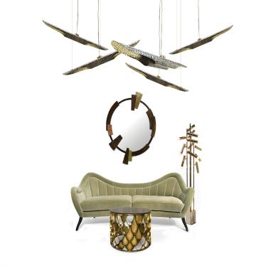 The sofa is the most important piece in any living room and the decoration is arranged around it. Around the velvet sofa, a contemporary floor lamp is placed, a round coffee table with scales and bronze glass and a round mirror. The set is enhanced by a m