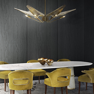 Light colors work well with bright ones. In this dining room decoration, we have a great example of this style - a little marble with a little brass and bright yellow upholstery.